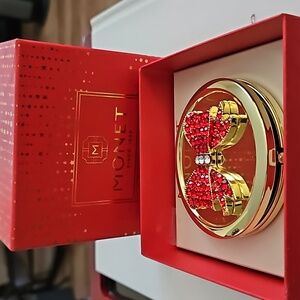 Monet Compact Double Mirror Gold Tone Red Bow With Crystals